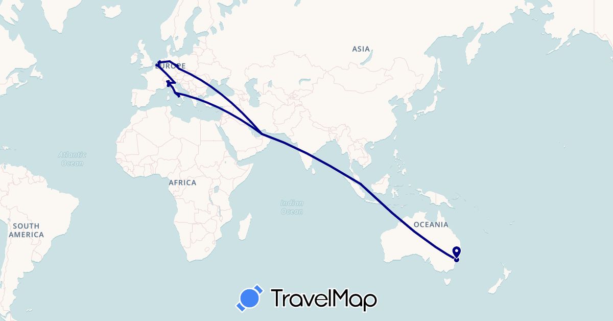 TravelMap itinerary: driving in United Arab Emirates, Australia, Belgium, Czech Republic, Germany, Italy, Netherlands, Singapore (Asia, Europe, Oceania)